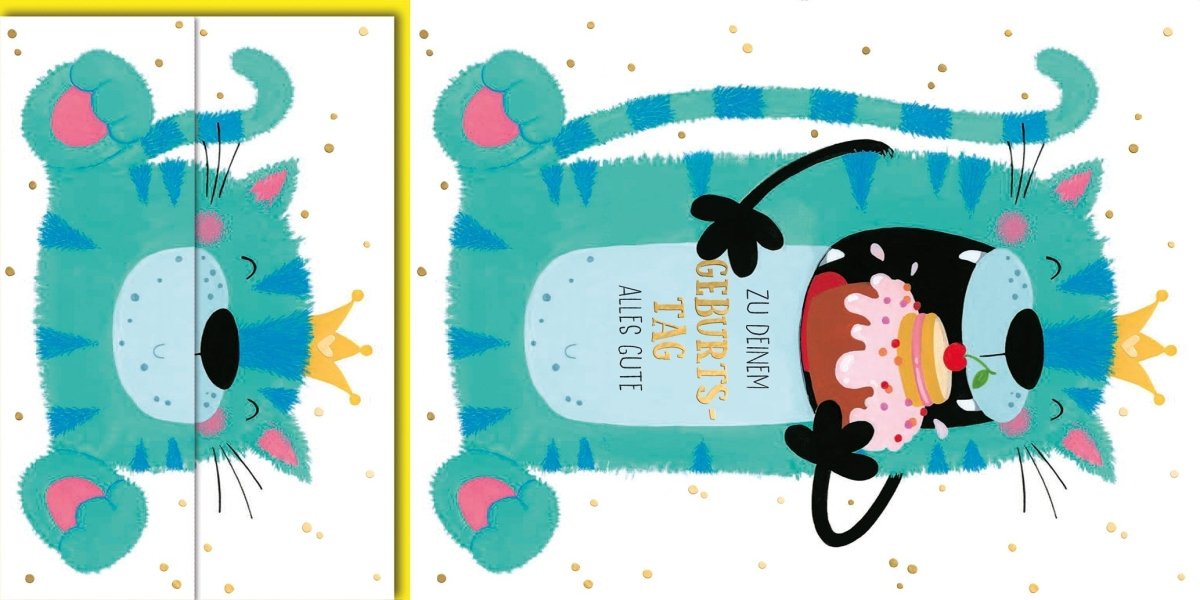 Geburtstagskarte Kinder – Lustige Katze mit Kuchen und buntem Konfetti - Design