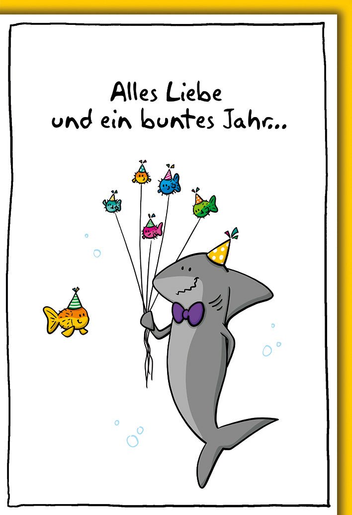 Geburtstagskarte Kinder – Lustiger Hai mit bunten Fischen und Partyhüten