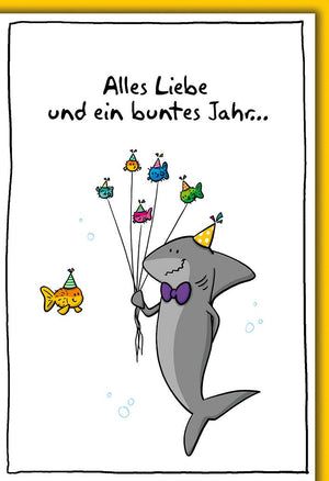 Geburtstagskarte Kinder – Lustiger Hai mit bunten Fischen und Partyhüten