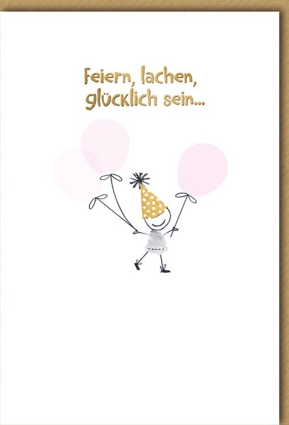 Geburtstagskarte Frauen – Strichmännchen mit Luftballons und Partyhut in fröhlichem Design