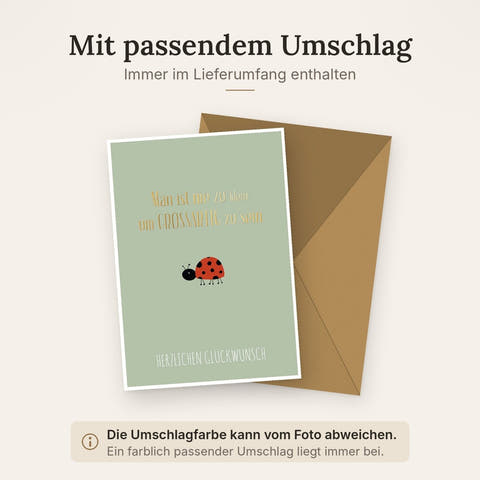 Geburtstagskarte Kinder – Marienkäfer mit Goldschrift und inspirierendem Zitat