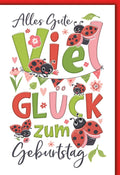 Geburtstagskarte Kinder – Marienkäfer mit bunten Buchstaben und Blumenmuster