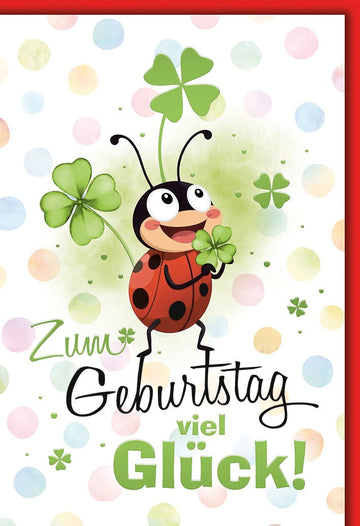 Geburtstagskarte Kinder – Marienkäfer mit Kleeblatt und bunten Punkten im fröhlichen Design