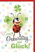 Geburtstagskarte Kinder – Marienkäfer mit Kleeblatt und bunten Punkten im fröhlichen Design