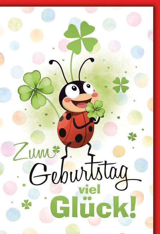 Geburtstagskarte Kinder – Marienkäfer mit Kleeblatt und bunten Punkten im fröhlichen Design