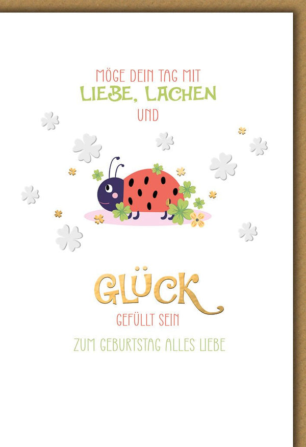 Geburtstagskarte Tiere – Marienkäfer mit Kleeblättern und buntem Schriftzug