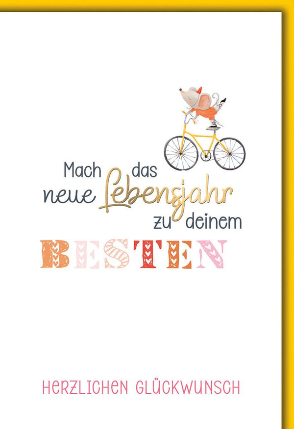 Geburtstagskarte Kinder – Maus auf Fahrrad mit verspieltem Schriftzug und buntem Design