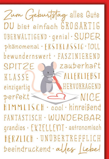 Geburtstagskarte Kinder – Maus mit Herz und inspirierenden Komplimenten in Rot - Gold
