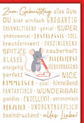 Geburtstagskarte Kinder – Maus mit Herz und inspirierenden Komplimenten in Rot-Gold
