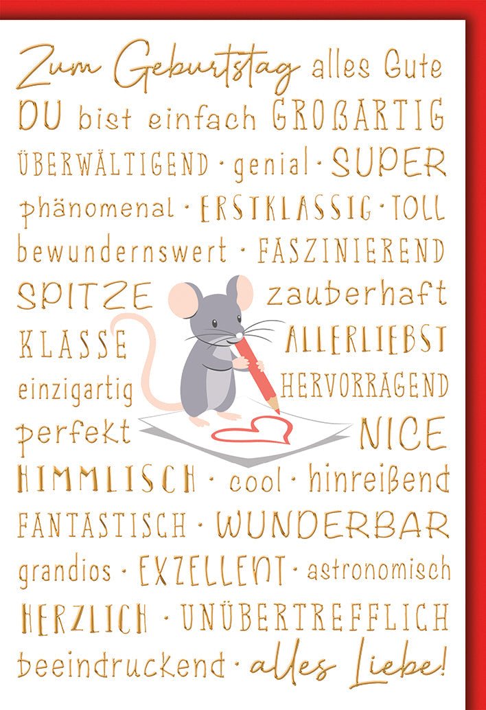 Geburtstagskarte Kinder – Maus mit Herz und inspirierenden Komplimenten in Rot - Gold