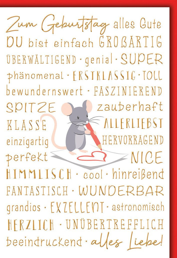 Geburtstagskarte Kinder – Maus mit Herz und inspirierenden Komplimenten in Rot-Gold