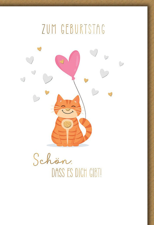 Geburtstagskarte Kinder – Niedliche Katze mit Herzballon und liebevollem Spruch