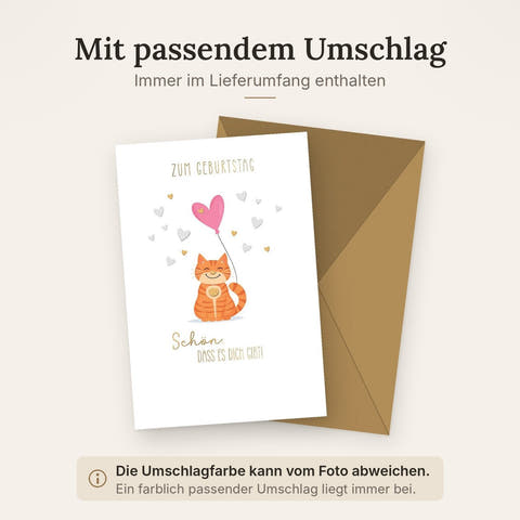 Geburtstagskarte Kinder – Niedliche Katze mit Herzballon und liebevollem Spruch