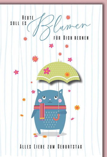 Geburtstagskarte Kinder – Niedliche Katze mit Regenschirm und Blumenregen - Design