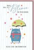 Geburtstagskarte Kinder – Niedliche Katze mit Regenschirm und Blumenregen-Design