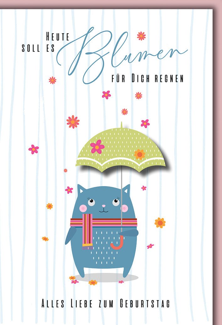 Geburtstagskarte Kinder – Niedliche Katze mit Regenschirm und Blumenregen - Design