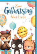 Geburtstagskarte Kinder – Niedliche Tiere mit Ballons und buntem Partyhut-Design