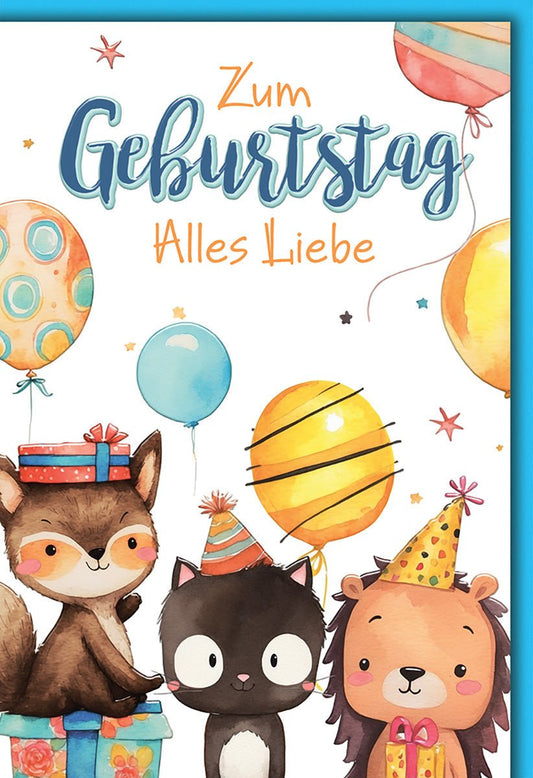 Geburtstagskarte Kinder – Niedliche Tiere mit Ballons und buntem Partyhut - Design