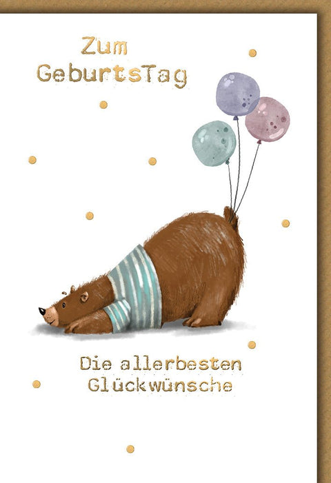 Geburtstagskarte Kinder – Niedlicher Bär mit Ballons und Streifenpullover in Pastellfarben