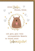 Geburtstagskarte Kinder – Niedlicher Bär mit Herz und goldenen Akzenten