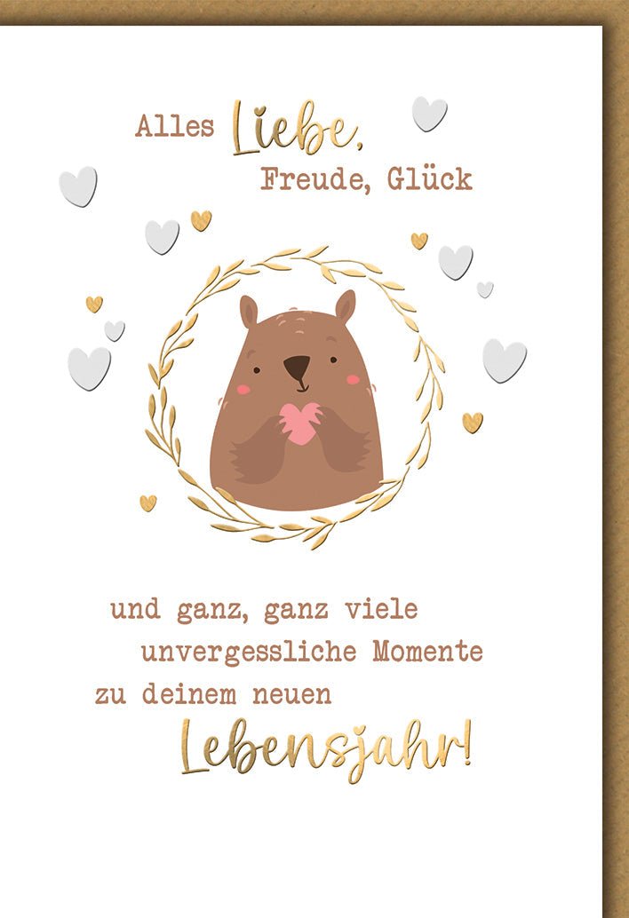 Geburtstagskarte Kinder – Niedlicher Bär mit Herz und goldenen Akzenten