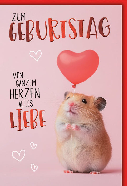 Geburtstagskarte Kinder – Niedlicher Hamster mit Herzballon und verspieltem Design