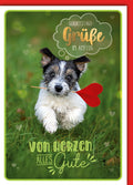 Geburtstagskarte Tiere – Niedlicher Hund mit Herz im Maul und verspieltem Design