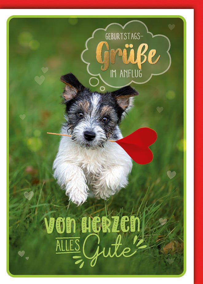 Geburtstagskarte Kinder – Niedlicher Hund mit Herz im Maul und verspieltem Design