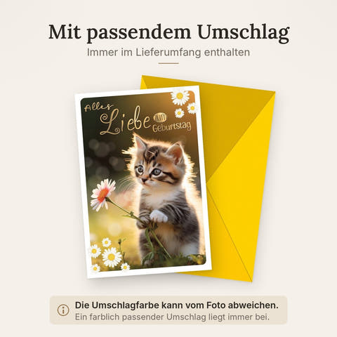 Geburtstagskarte Kinder – Niedliches Kätzchen mit Gänseblümchen im Sonnenlicht