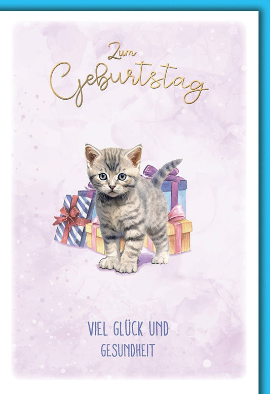 Geburtstagskarte Kinder – Niedliches Kätzchen mit Geschenken und Aquarell - Design