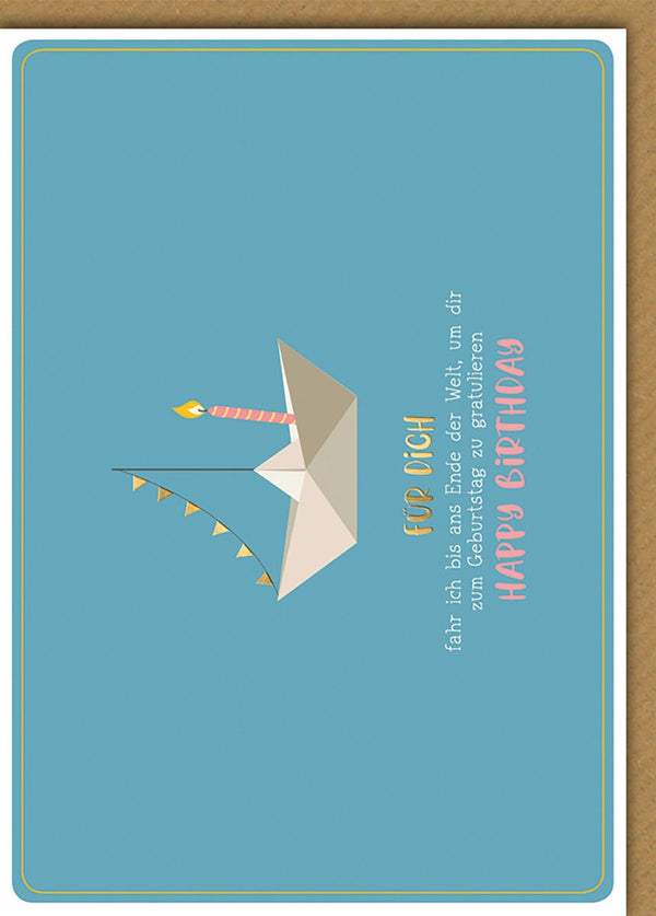 Geburtstagskarte Origami-Schiff mit Kerze und bunten Wimpeln auf Blau