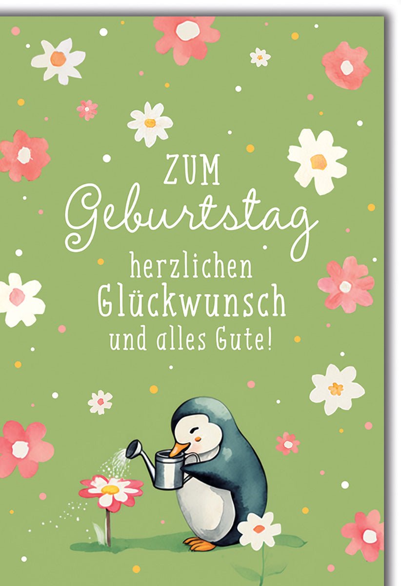 Geburtstagskarte Kinder – Pinguin gießt Blume auf grünem Hintergrund mit Blumenmuster