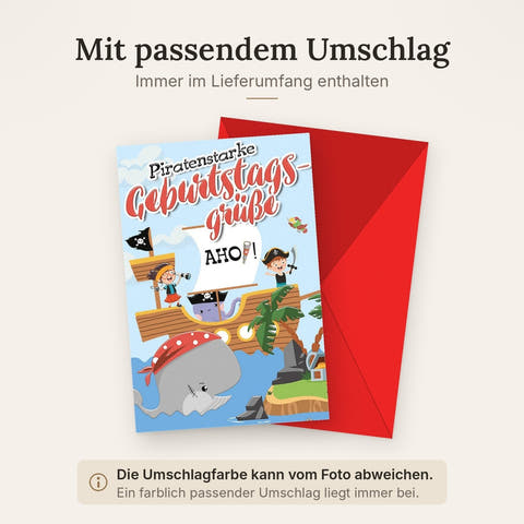 Geburtstagskarte Kinder – Piratenschiff mit Wal und fröhlichen Piraten-Illustrationen
