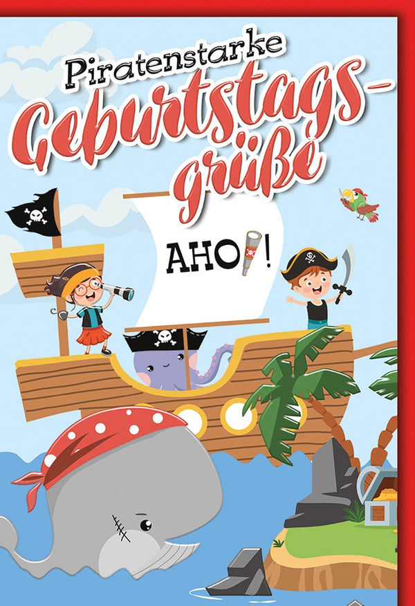 Geburtstagskarte Kinder – Piratenschiff mit Wal und fröhlichen Piraten-Illustrationen