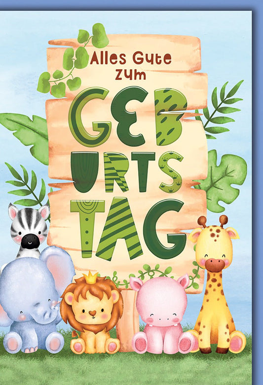 Geburtstagskarte Kinder – Safari - Tiere mit Zebra, Elefant und Giraffe in Pastellfarben