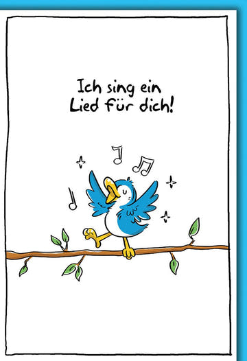 Geburtstagskarte Kinder – Singender Vogel auf Ast mit fröhlichen Noten und Humor