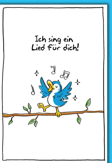 Geburtstagskarte Kinder – Singender Vogel auf Ast mit fröhlichen Noten und Humor