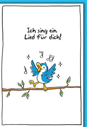 Geburtstagskarte Kinder – Singender Vogel auf Ast mit fröhlichen Noten und Humor