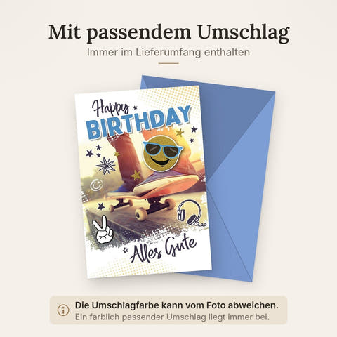 Geburtstagskarte Kinder – Skateboard Emoji mit Sonnenbrille und coolem Design