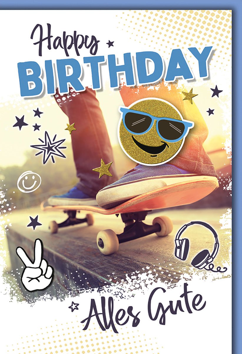 Geburtstagskarte Kinder – Skateboard Emoji mit Sonnenbrille und coolem Design