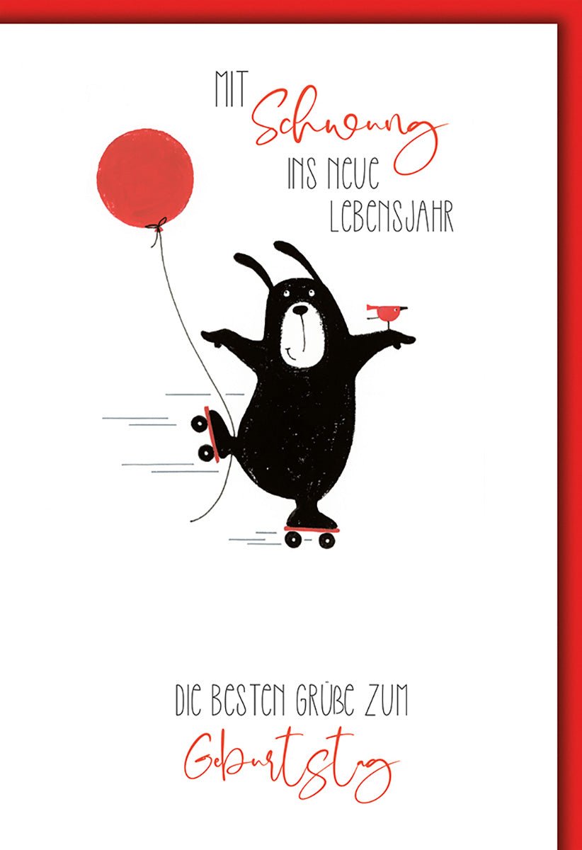 Geburtstagskarte Kinder – Skating Hund mit rotem Ballon und humorvollem Design