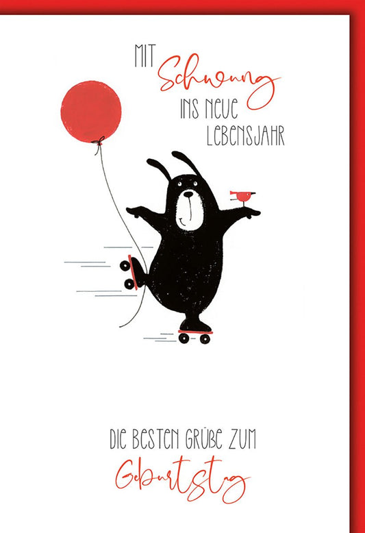 Geburtstagskarte Kinder – Skating Hund mit rotem Ballon und humorvollem Design