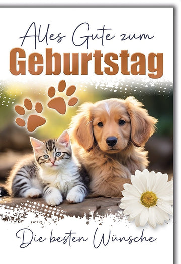 Geburtstagskarte Kinder – Welpe und Kätzchen mit Pfotenabdrücken und Blume