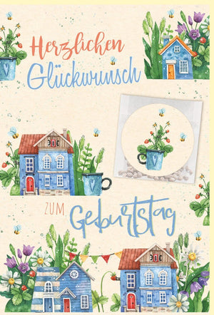 Geburtstagskarte: Kreative Glückwünsche mit Blumen- & Häuserdesign auf umweltfreundlichem Zuckerrohrpapier, inklusive Samentütchen & Aufkleber in Blau/Grün
