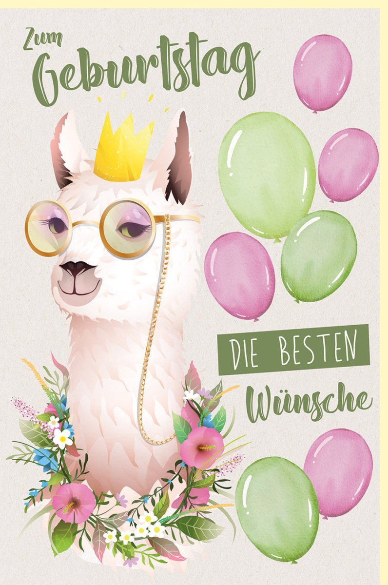 Geburtstagskarte Lama: Lustige Glückwünsche mit Krone, Brille & Blumen, Bunte Ballons für Kinder & Erwachsene, Rosa/Grün, Einzigartige Grüße