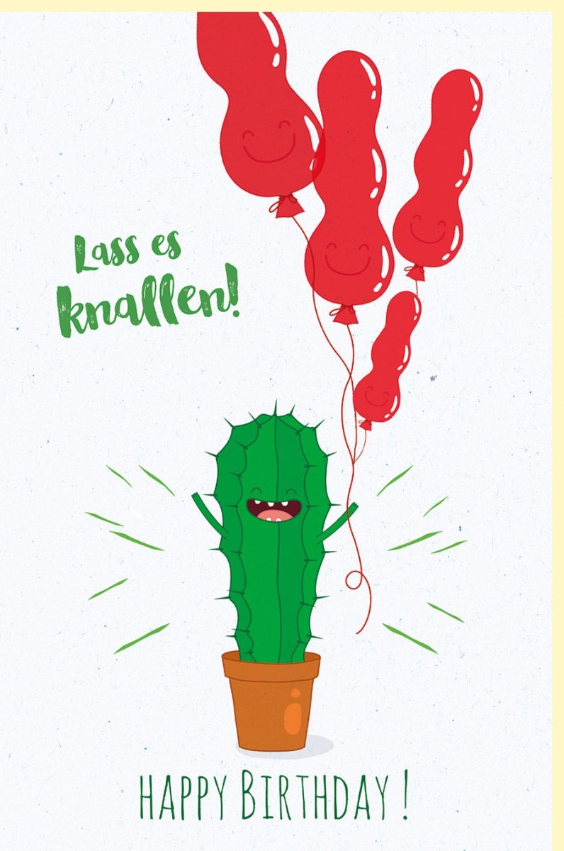 Geburtstagskarte "Lass es krachen" - Humorvoller Kaktus mit Ballons, Fröhliche Glückwünsche in Grün & Rot für Kinder und Erwachsene