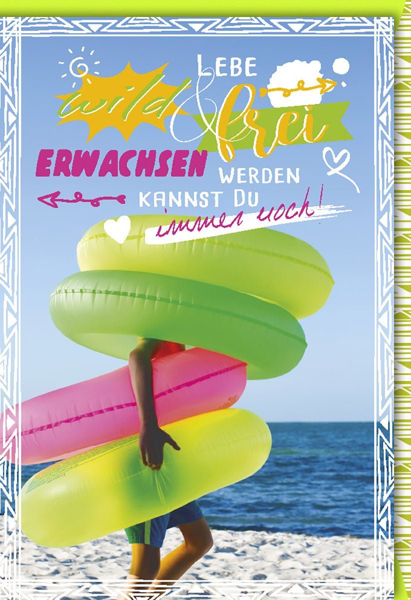 Geburtstagskarte: Lebe wild und frei - Bunte Strandmotive mit inspirierendem Spruch für Erwachsene