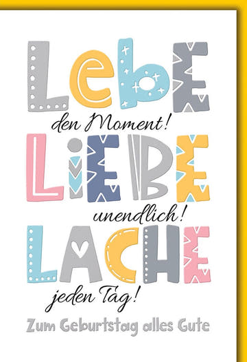 Geburtstagskarte Lebensfreude – Bunte Buchstaben mit inspirierendem Spruch und gelbem Rand