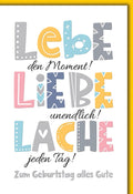 Geburtstagskarte Lebensfreude – Bunte Buchstaben mit inspirierendem Spruch