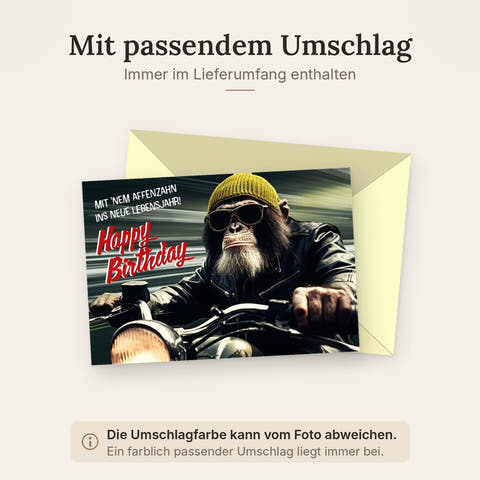 Geburtstagskarte lustig Affe auf Motorrad mit Sonnenbrille und Mütze witzige Doppelkarte für Männer Frauen originelle Glückwünsche